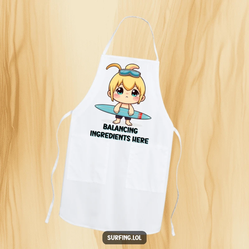 Funny apron illustrating a character concentrating intensely while balancing a surfboard on their nose.