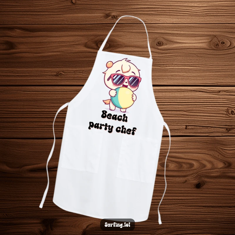 Funny apron featuring a kawaii character in sunglasses, gleefully holding a beach ball, perfect for summer cooking fun.