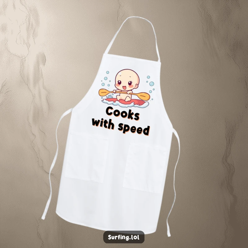 Funny apron of a character paddling furiously, leaving a trail of excited bubbles.