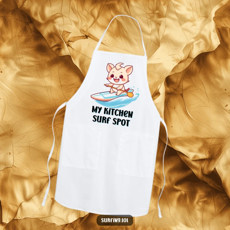 Funny apron featuring a sweet creature with a wide, beaming grin, shown here paddling a surfboard.
