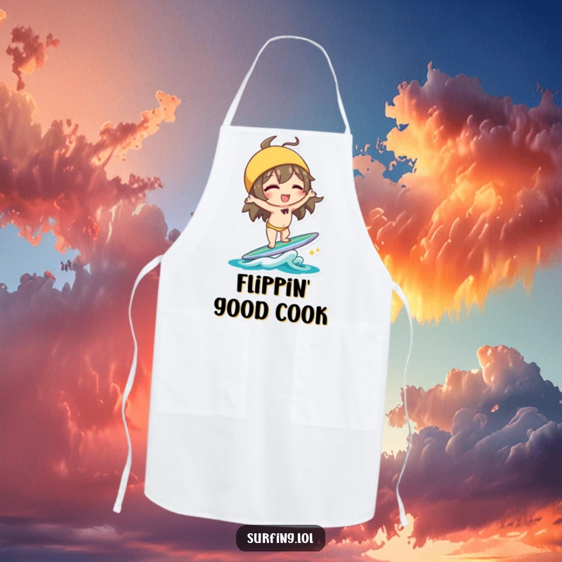 Funny Handstand Character Apron: Character winking and doing a handstand on a surfboard with playful balance, perfect funny gift.