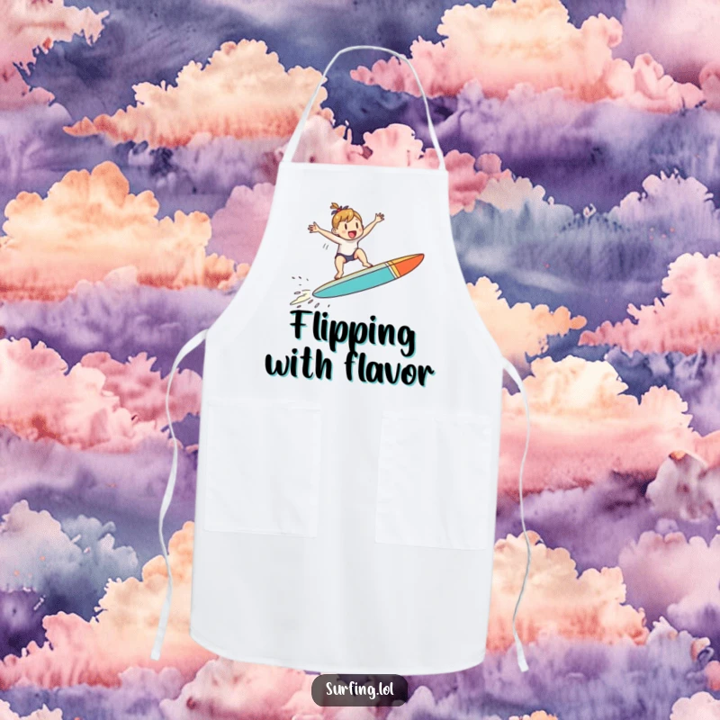 Funny apron with a small character jumping with joy on a surfboard mid-air, perfect for adding funny surf energy.
