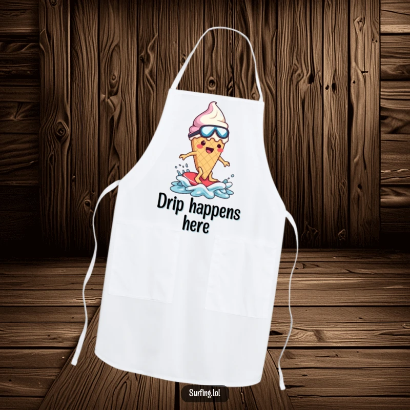 Funny ice cream cone character, melting, wearing an apron, surfing, comical kitchen disaster, humorous.