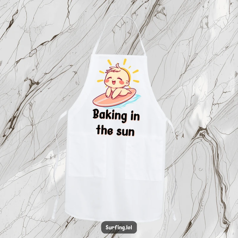Funny Sunbathing Character Apron: Small character sunbathing on a surfboard with eyes closed and a relaxed grin, perfect funny gift.