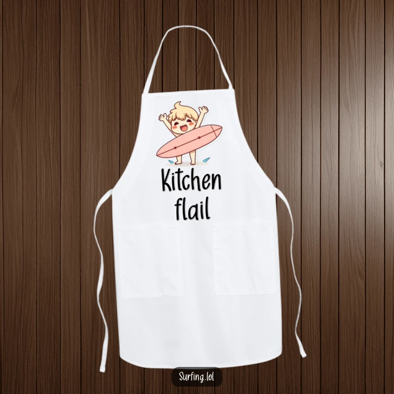 Funny apron showing a character happily flailing arms after clumsily dropping a surfboard, bringing seaside fun to cooking.
