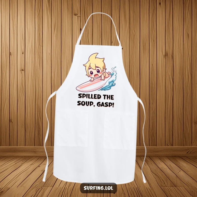 Funny apron of a character diving headfirst off a surfboard with a shocked gasp.