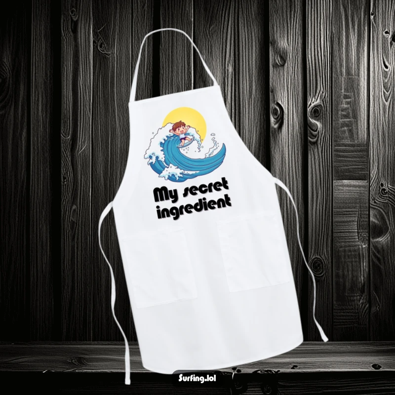 Funny apron with a cute character riding a giant, sunny wave, adding a touch of funny beach fun to the kitchen.