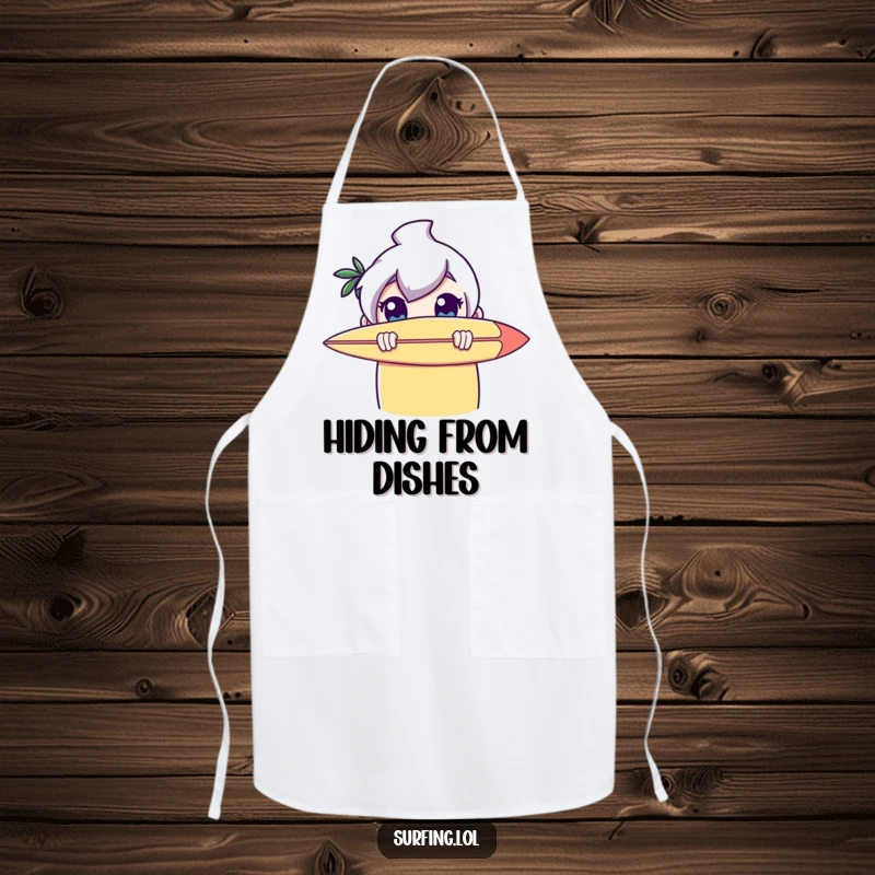 Funny apron showing a character peeking with wide eyes from behind a surfboard, adding a touch of shy humor to kitchen tasks.