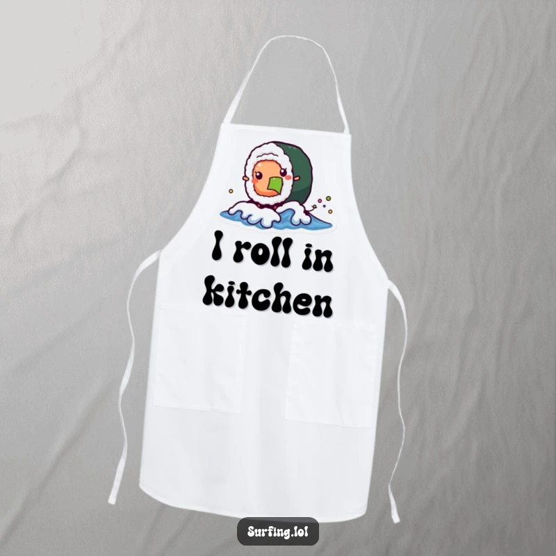 Funny apron showing a wobbly sushi roll character catching a tiny wave, bringing playful and delicious vibes to cooking.