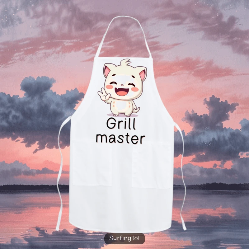 Funny apron showing a character with a huge grin giving the shaka sign, bringing a spirit of aloha to cooking.