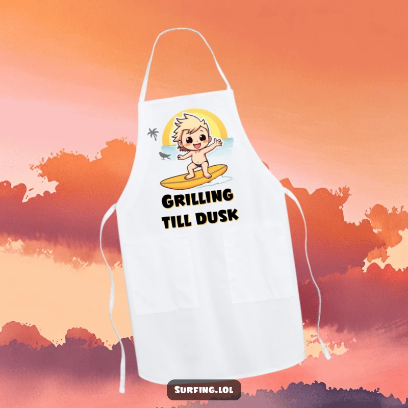 Funny apron depicting a character in a cool surfing pose against a sunset, adding a touch of beach flair to cooking.
