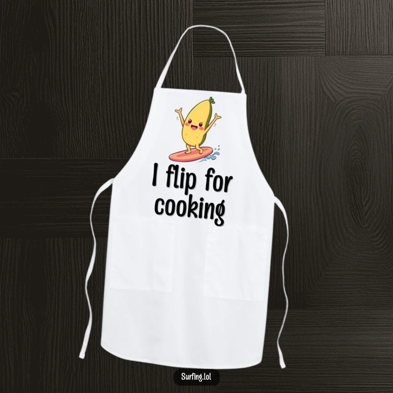 Funny apron showing a cheerful food item character doing a handstand on a surfboard, bringing fun and good vibes to cooking.
