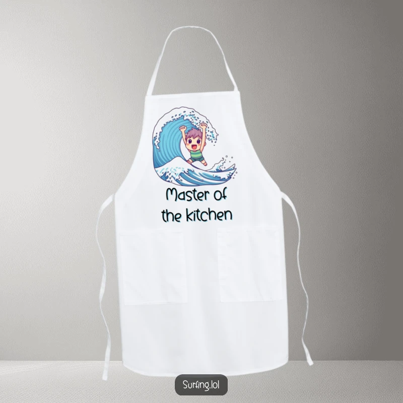 Funny Apron: A triumphant character rides a large wave with elation, perfect for celebrating kitchen wins.
