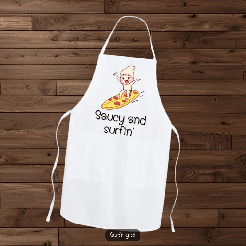 Funny apron showing a character skillfully surfing a giant pizza slice, embodying culinary fun and a love for delicious, cheesy adventures.