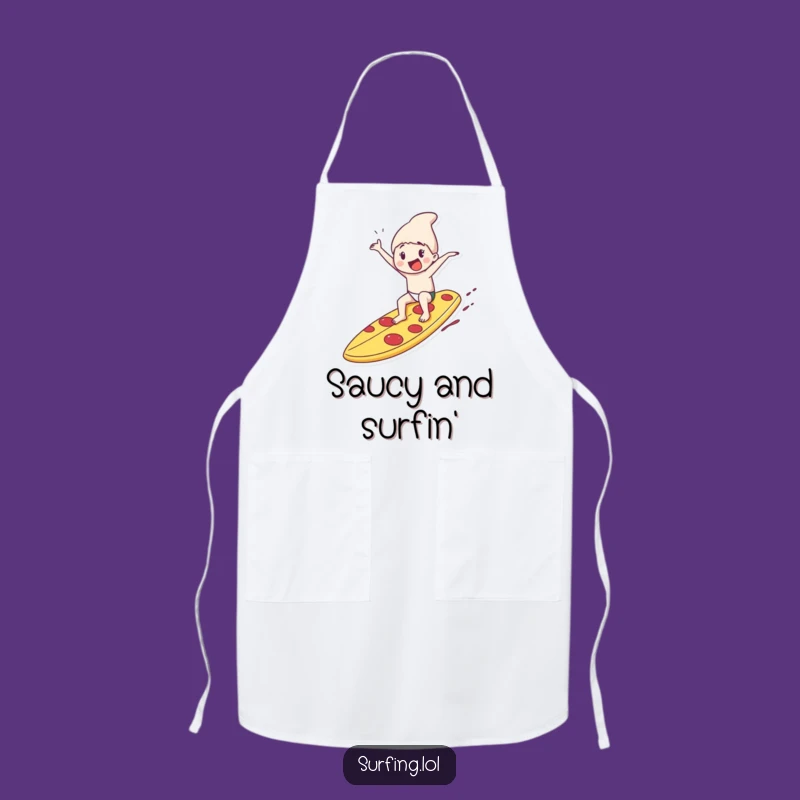 Funny Pizza Surfboard Apron: Chef Character Riding a Slice, Cooking Gift