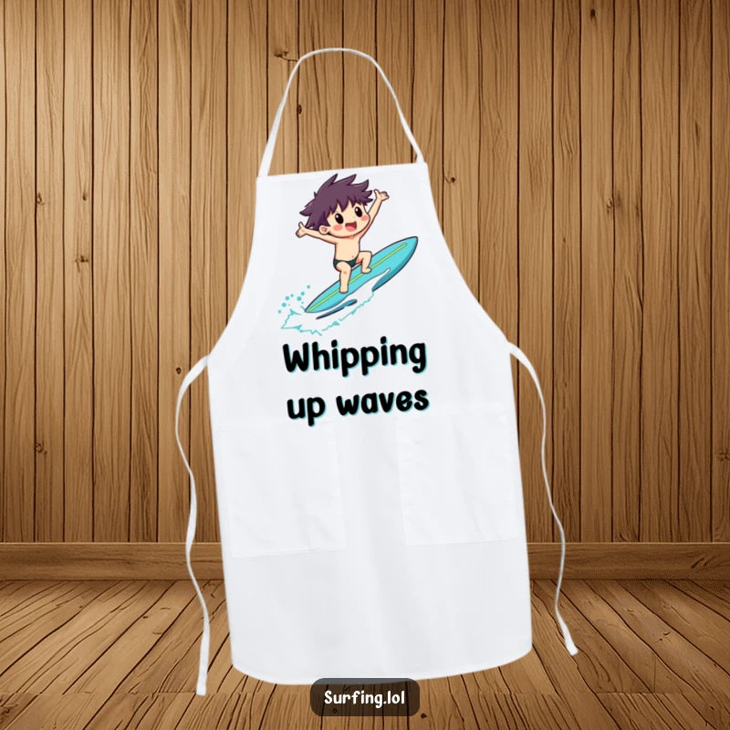 Funny apron with a surfer riding a surfboard, arms outstretched in exultation, for the fun-loving cook.