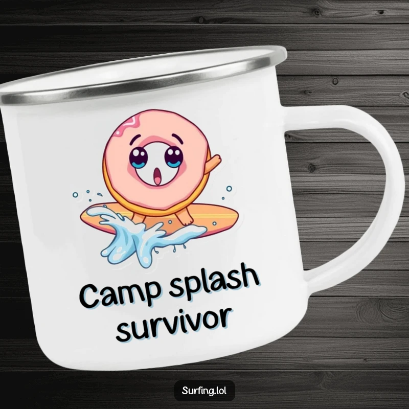 Funny camping mug with a surprised donut character falling off a surfboard with a splash, ready for outdoor fun with a comical mishap.