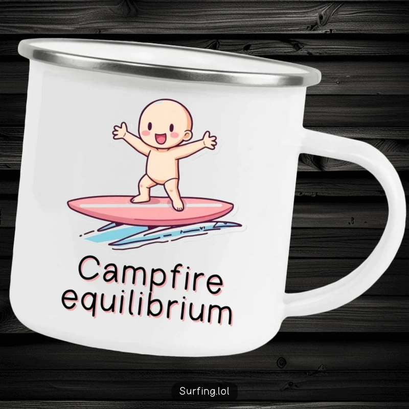 Funny camping mug with a tiny figure gleefully balancing on a surfboard, perfect for enjoying the outdoors with funny vibes.