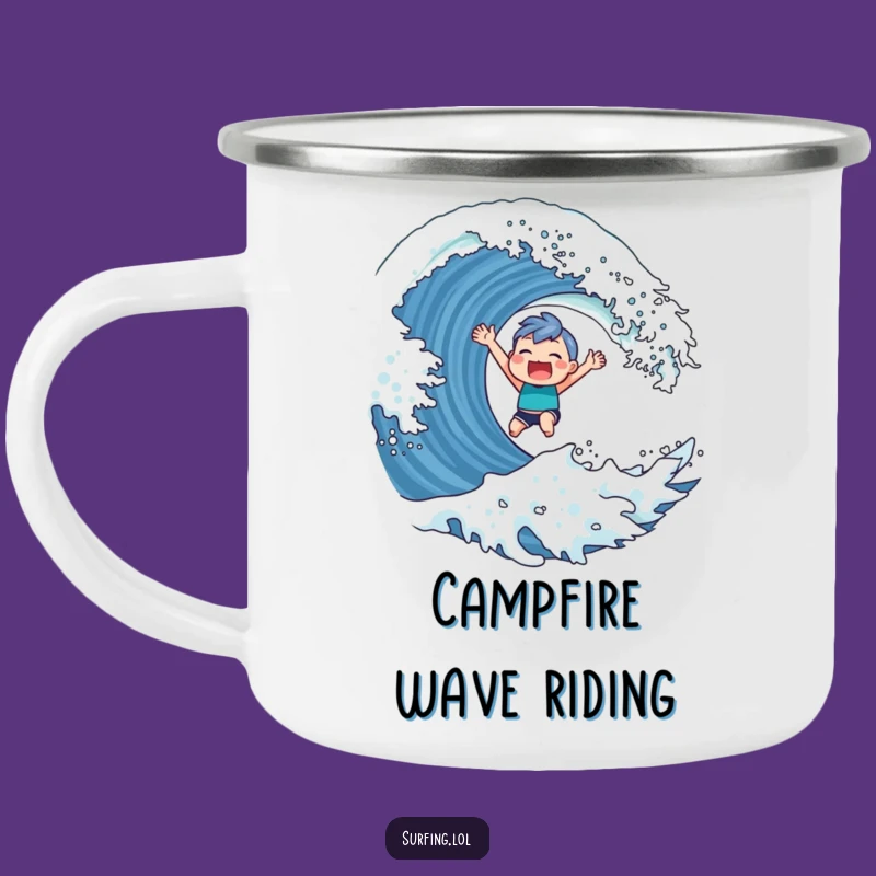 Funny Surfer Character Camping Mug: Triumphant Adventure Fuel, Gift