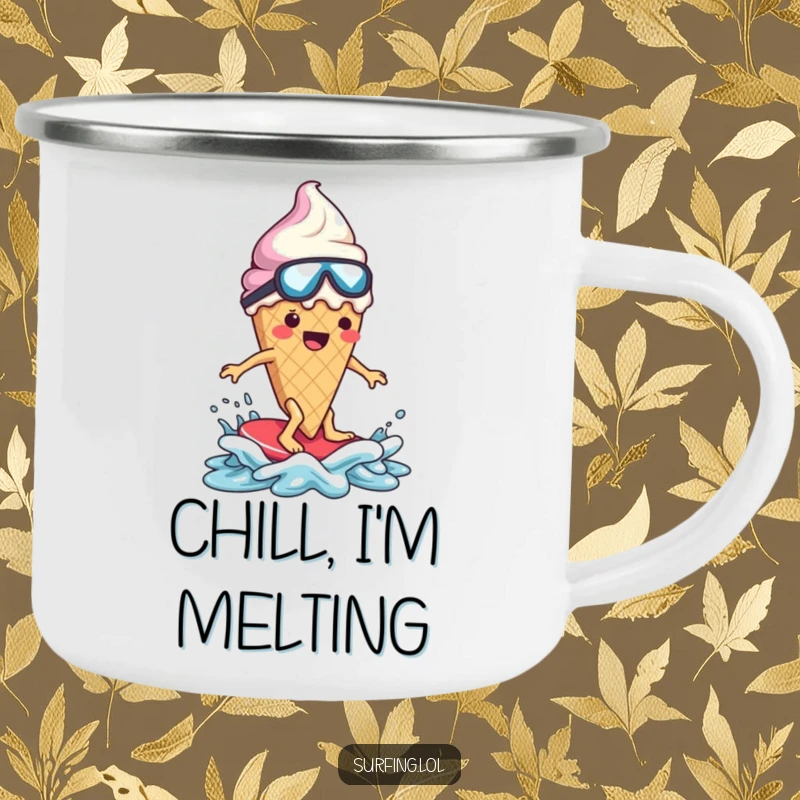 Funny ice cream cone character, melting, surfing, holding a camping mug, humorous outdoor scene.
