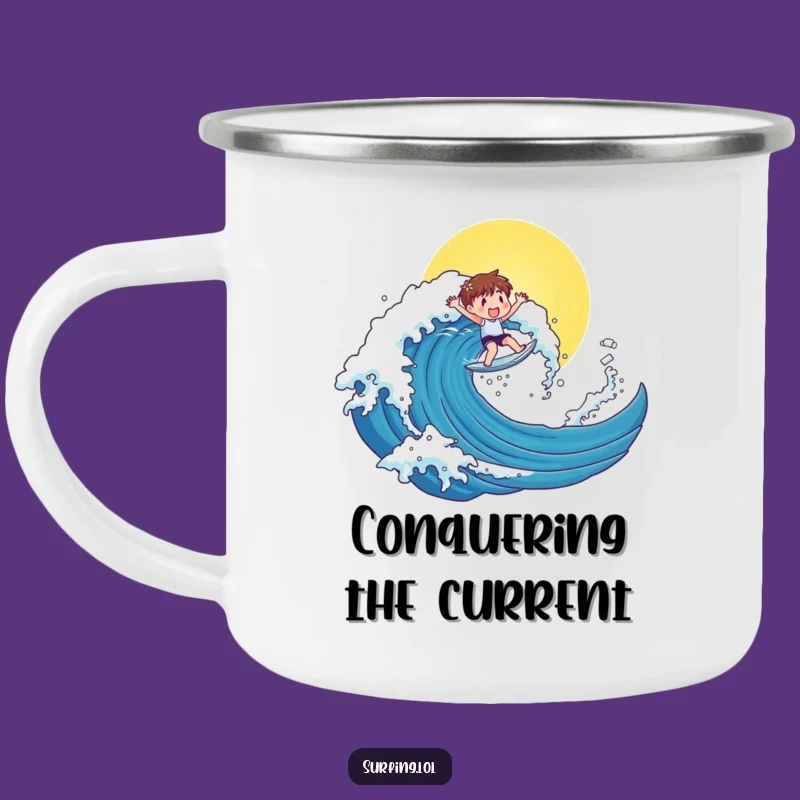 Funny Surfer Character Camping Mug: Enjoy the Outdoors with Sunny Fun