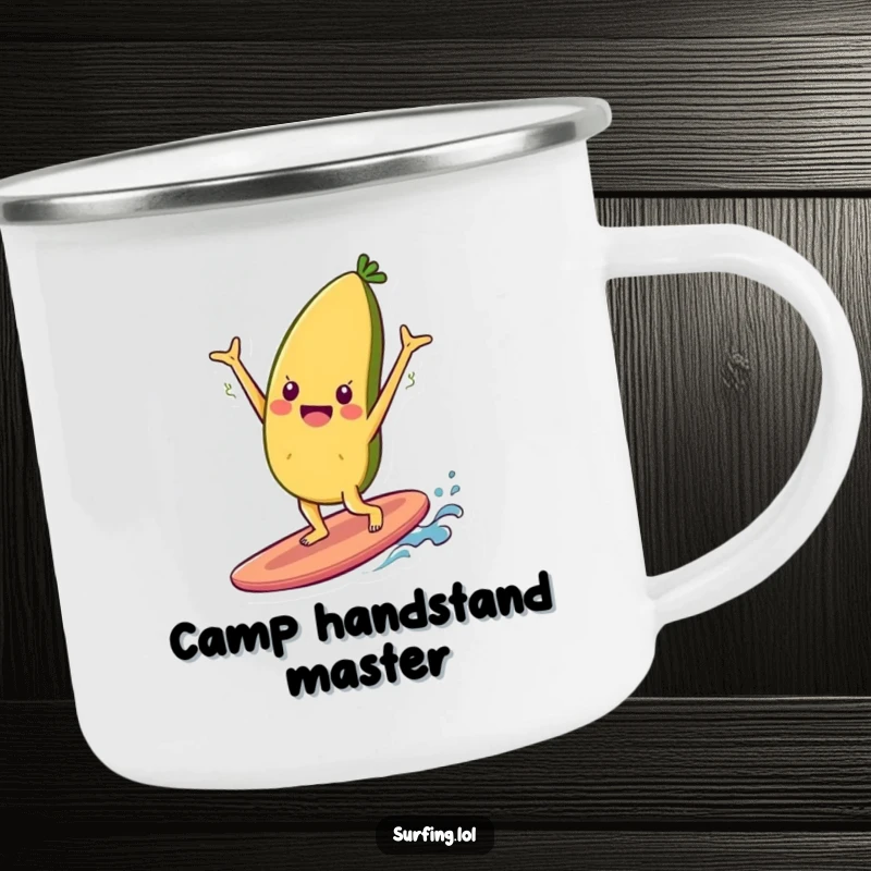 Funny camping mug with a cheerful food item character doing a handstand on a surfboard, ready for outdoor fun with a smile.