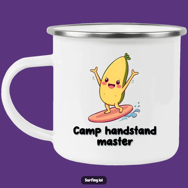 Funny Food Handstand Camping Mug: Cheerful Surfer, Outdoor Fun Gift