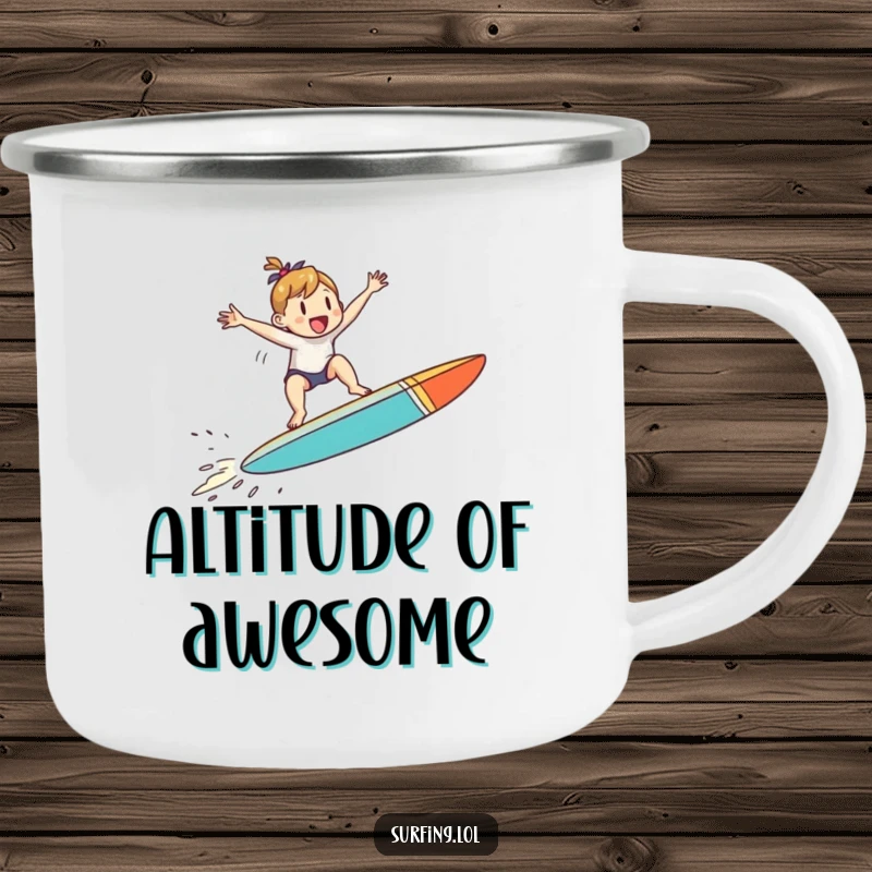 Funny camping mug with a small character jumping with joy on a surfboard mid-air, perfect for enjoying the outdoors with funny vibes.