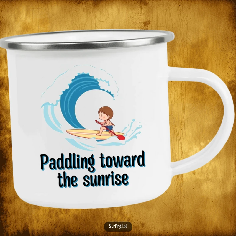 Funny Camping Mug: A happy character paddles a surfboard towards a dynamic breaking wave, ready for adventure.