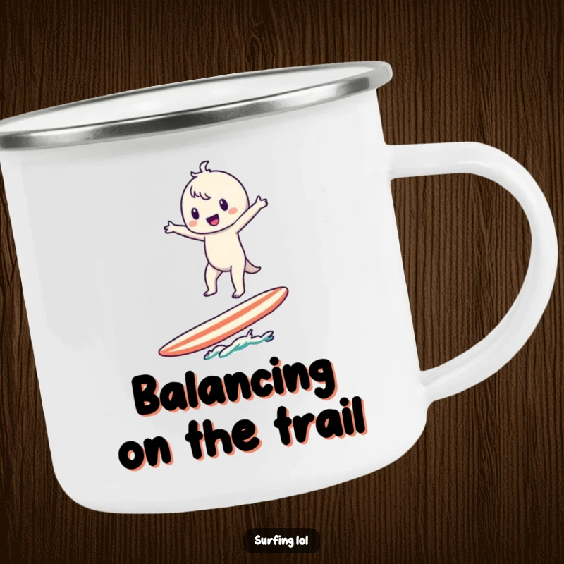 Funny Surfer Character Camping Mug: A cute character balances on a surfboard with arms wide, ready for camping.
