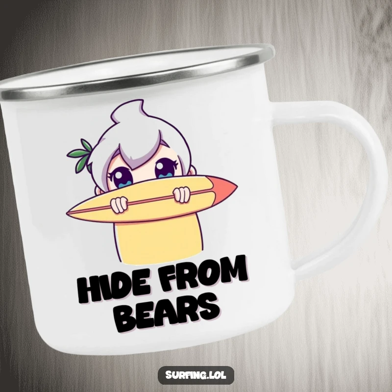 Funny camping mug: A character hiding behind a surfboard, peeking with wide eyes, ready for outdoor fun and hydration.