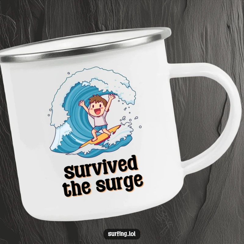 Funny camping mug showing a character cheering after riding a huge wave, celebrating outdoor triumphs.