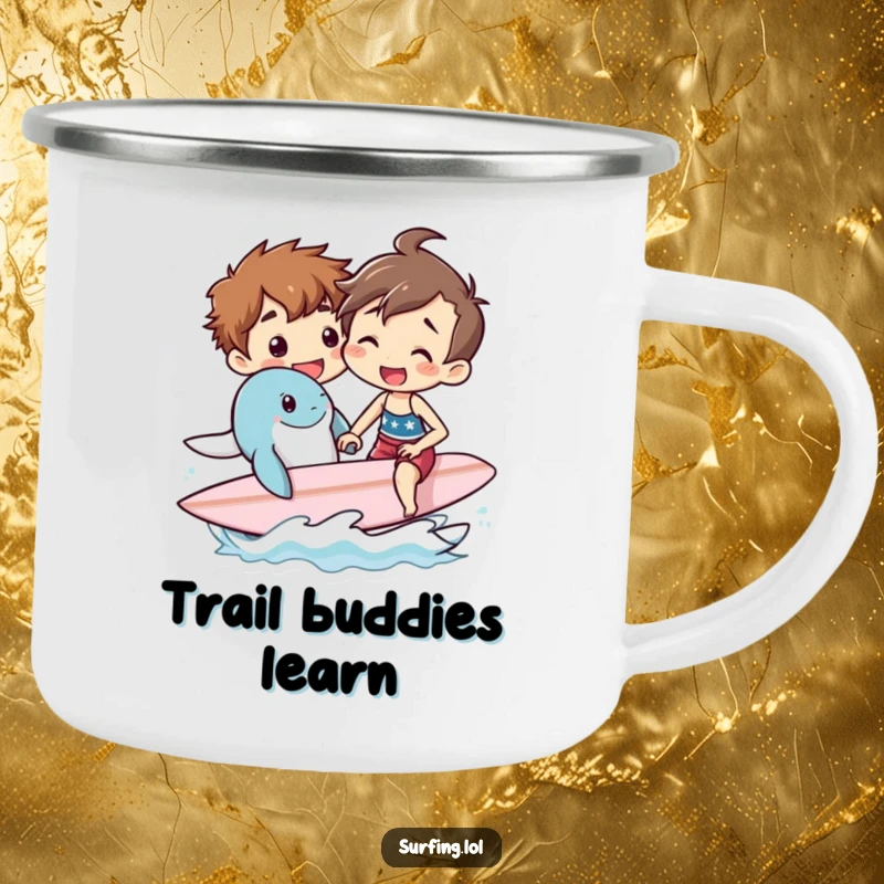 Funny camping mug showing a person teaching a sea creature to surf, perfect for outdoor drinks and bringing ocean humor to campsites.