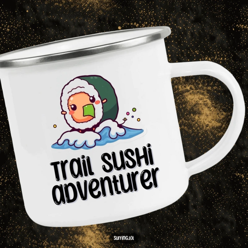 Funny camping mug with a wobbly sushi roll character catching a tiny wave, ready for outdoor fun with a smile.