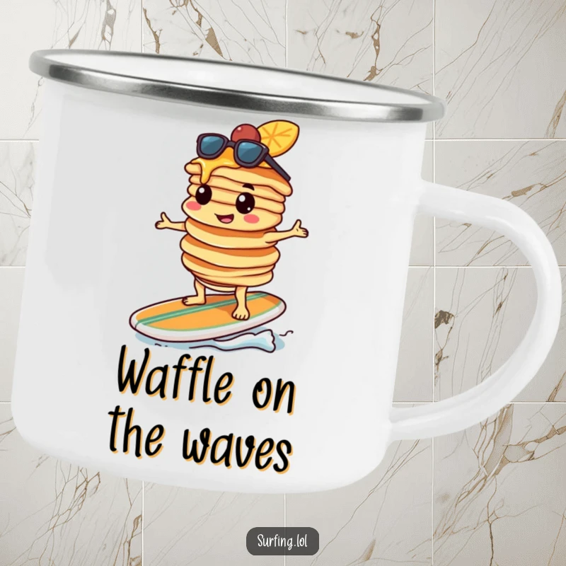 Funny pancake character, determined, balancing pancakes on a surfboard, holding a camping mug, humorous outdoor scene.