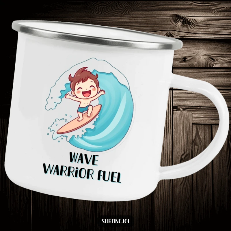 Funny Surfing Character Camping Mug: Character joyfully surfing a giant wave with a huge smile, ideal funny gift.
