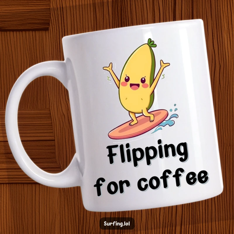Funny mug featuring a cheerful food item character doing a perfect handstand on a surfboard, radiating happiness and balance.