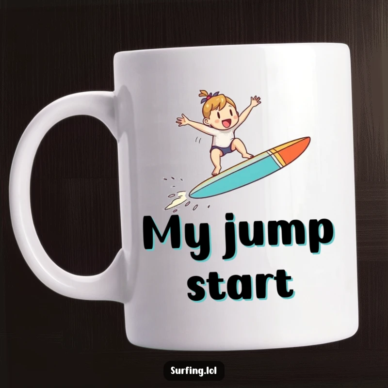 Funny mug showing a small character joyfully jumping on a surfboard in mid-air, embodying pure, funny elation.