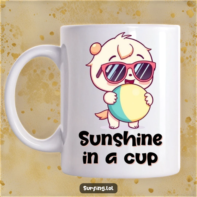 Funny kawaii character wearing sunglasses, holding a beach ball with immense glee, radiating pure summer happiness on a mug.