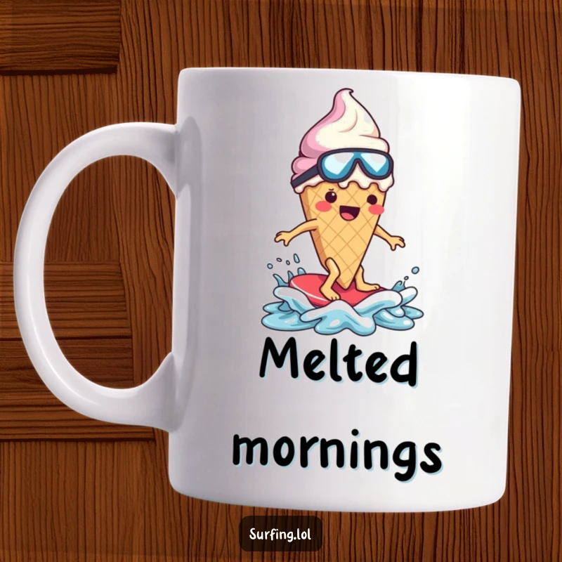 Funny ice cream cone character, clumsy, melting dramatically while surfing, comical surf scene, humorous.