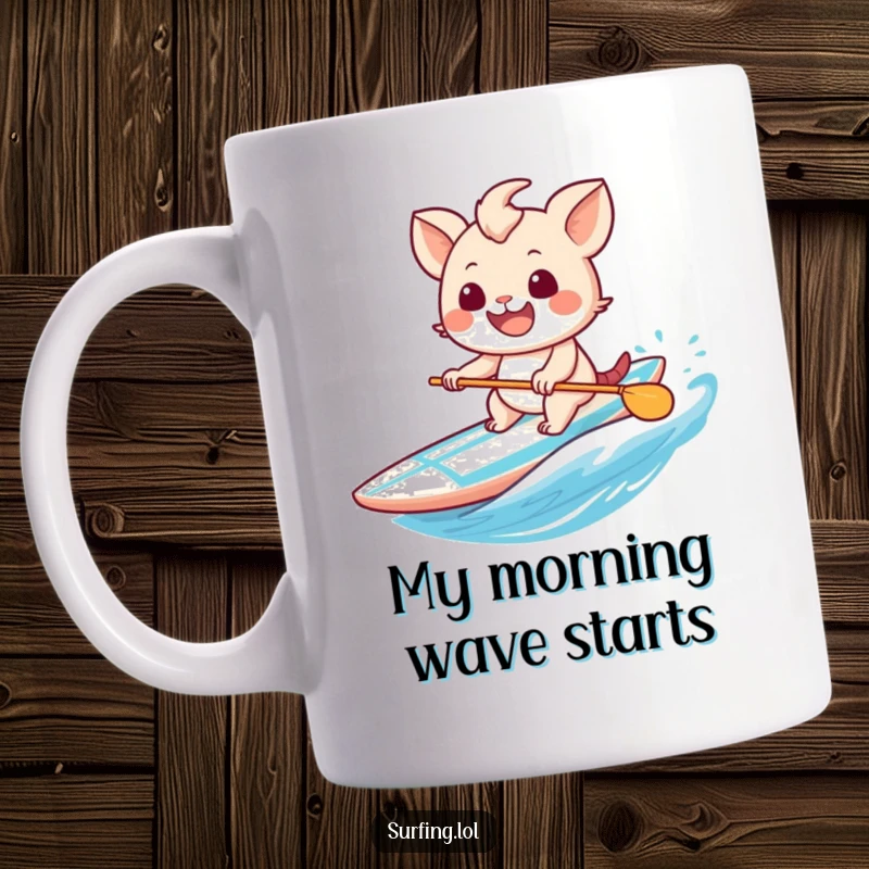 Funny mug with a sweet, wide-grinning creature paddling a surfboard, embodying pure joy and beach fun.