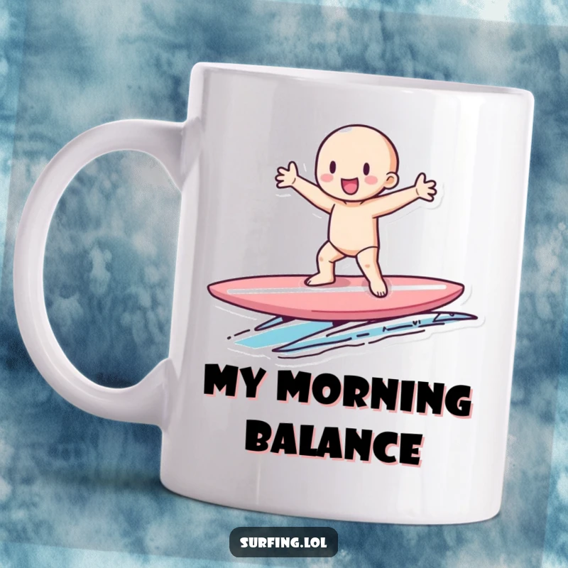 Funny mug showing a tiny figure gleefully balancing on a surfboard with arms out, embodying pure, funny happiness.