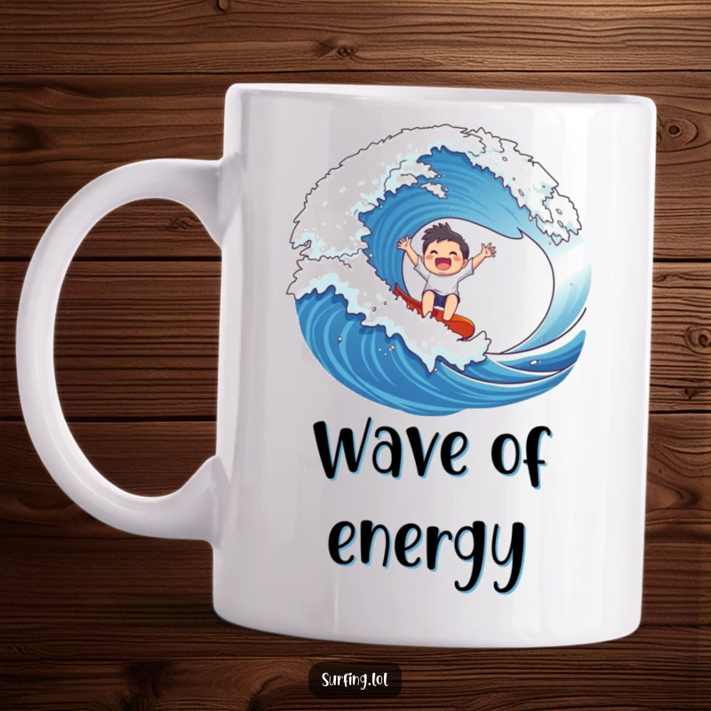 Funny Wave Rider Mug: A gleeful character joyfully rides a massive wave with arms outstretched in pure excitement.