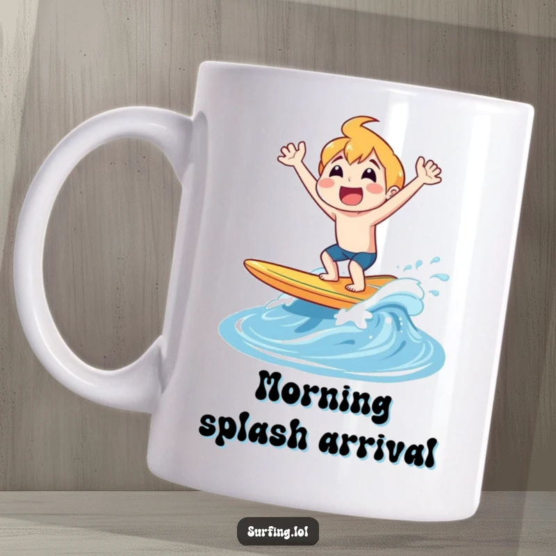 Funny mug showing a character bursting from the water on a surfboard, shouting with uncontained joy and excitement.