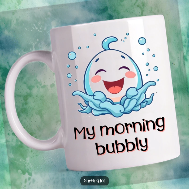 Funny mug showing a bubbly icon laughing heartily, surrounded by cheerful sea spray, embodying pure, funny delight.