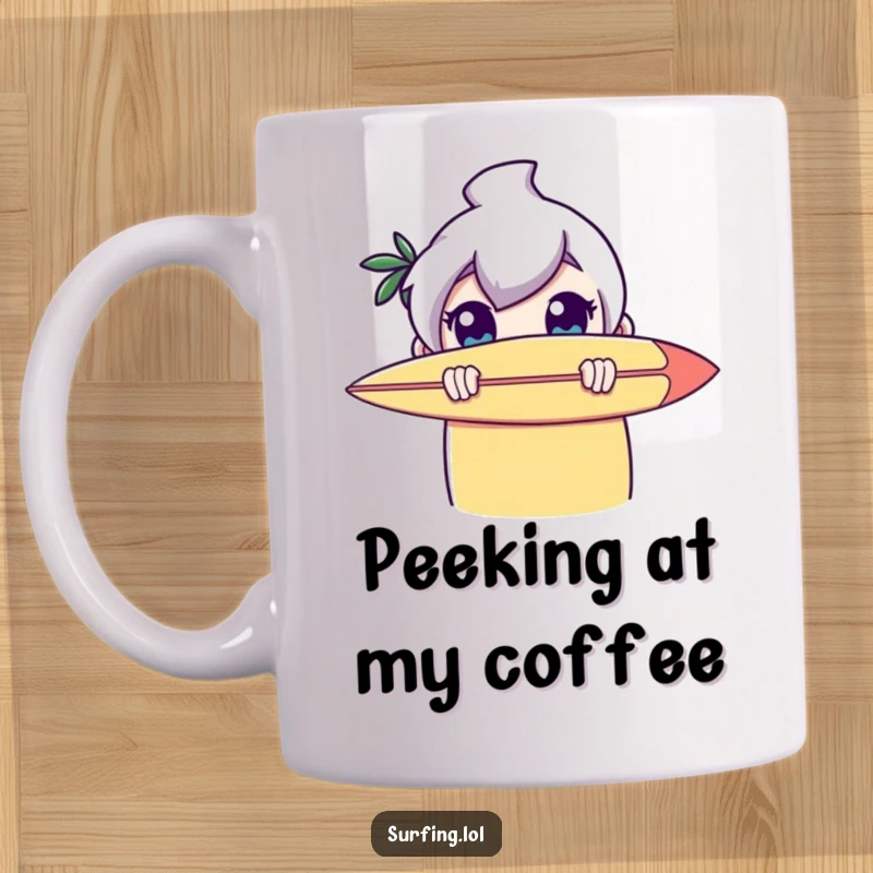 Funny mug showing a character hiding behind a surfboard, peeking out with comically wide, innocent eyes, expressing playful shyness.