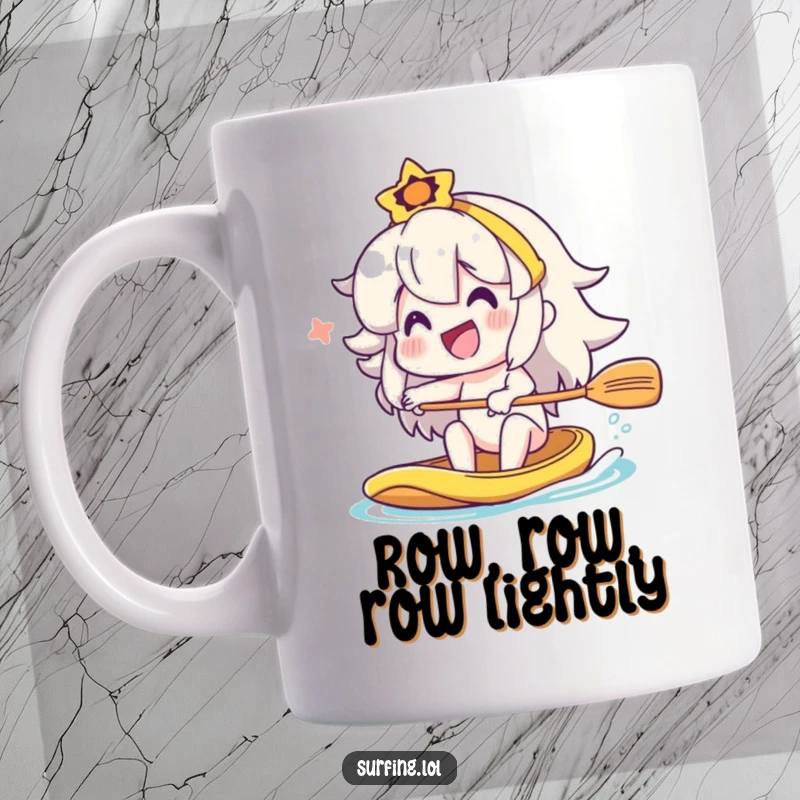 Funny character enthusiastically paddling a boat with a big smile, joyful mug for a funny gift.