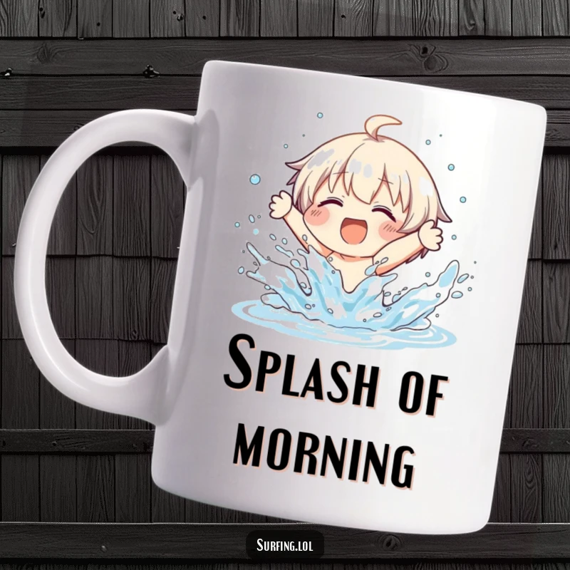 Funny mug of a character joyfully wiping out on a surfboard, with hilarious water splashing everywhere.