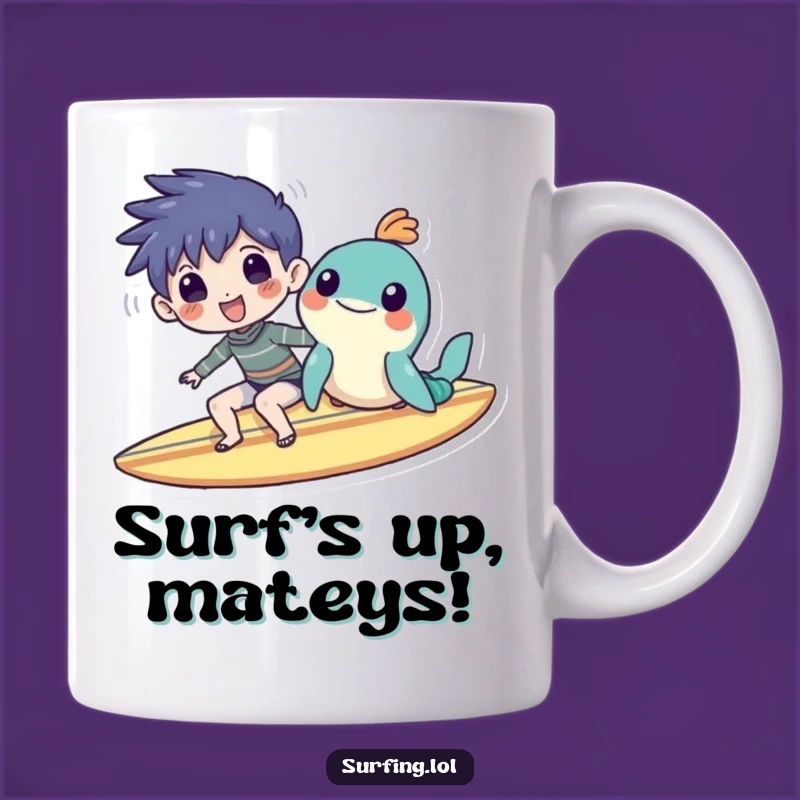 Funny Surf Buddies Mug: Character & Sea Creature Sharing a Smile, Perfect Gift
