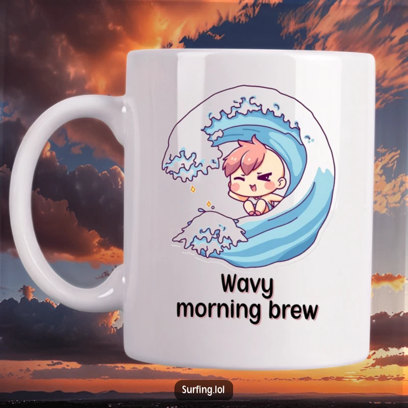 Funny mug showing a character expertly sliding down a large wave, giving a playful, mischievous wink.